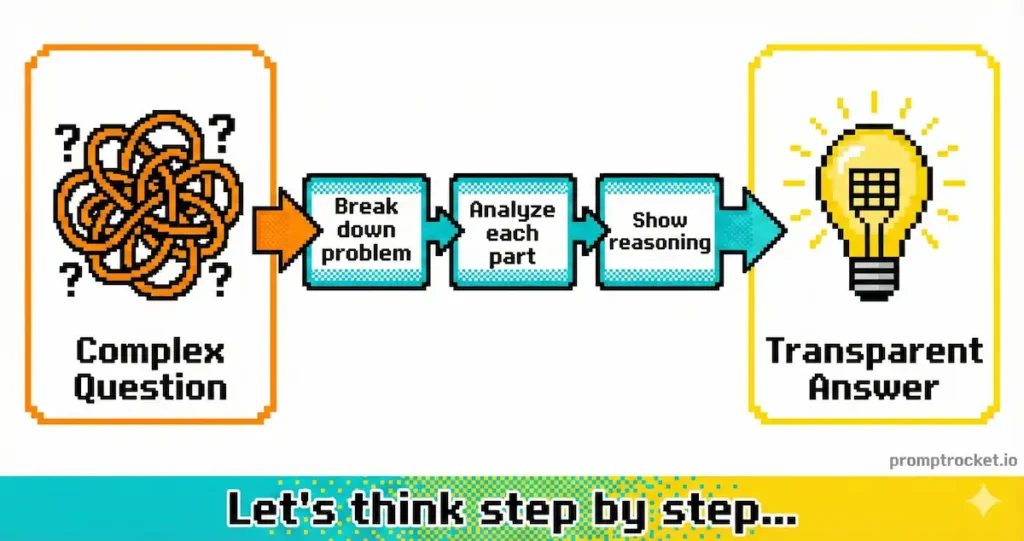 Step-by-step visualization of Chain of Thought prompting showing how ChatGPT breaks down complex problems into logical reasoning steps before providing final answer