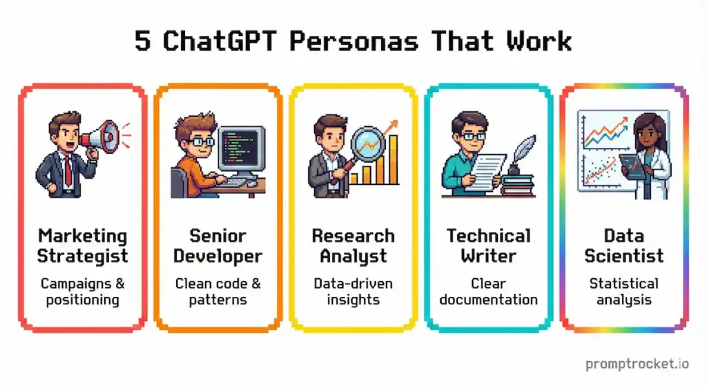 Five specialist personas for ChatGPT showing marketing strategist, senior developer, research analyst, technical writer, and data scientist with their unique approaches in pixel art character grid