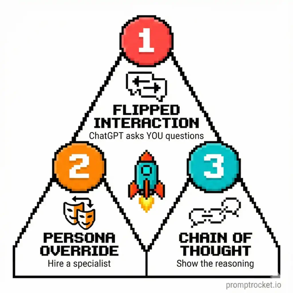 Three essential ChatGPT techniques displayed as pixel art panels: Flipped Interaction for conversation control, Persona Override for specialized outputs, and Chain of Thought for reasoning transparency