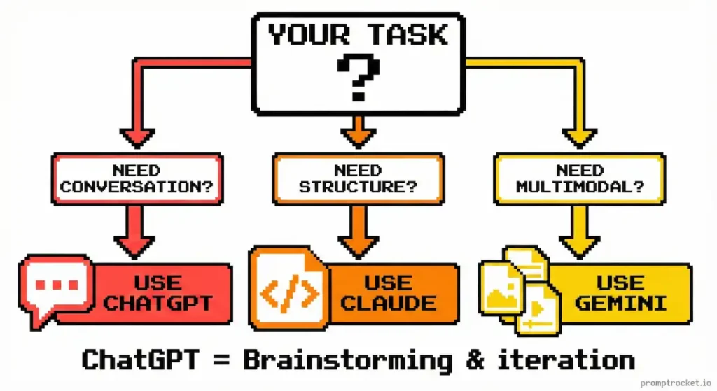 Decision tree showing when to use ChatGPT versus Claude, Gemini, or other AI tools based on task requirements like conversation, structure, or multimodal needs