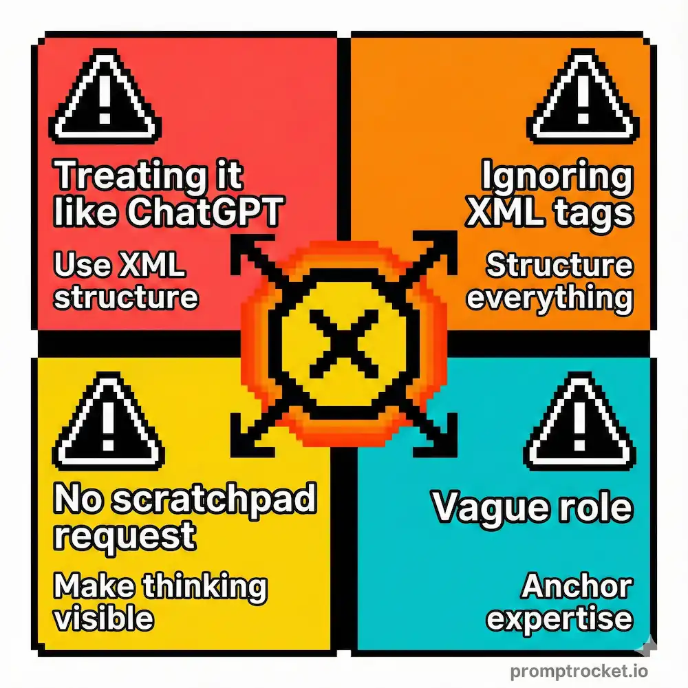 Four common errors when using Claude illustrated as warning signs: treating it like ChatGPT, ignoring XML structure, skipping scratchpad, and vague role assignments