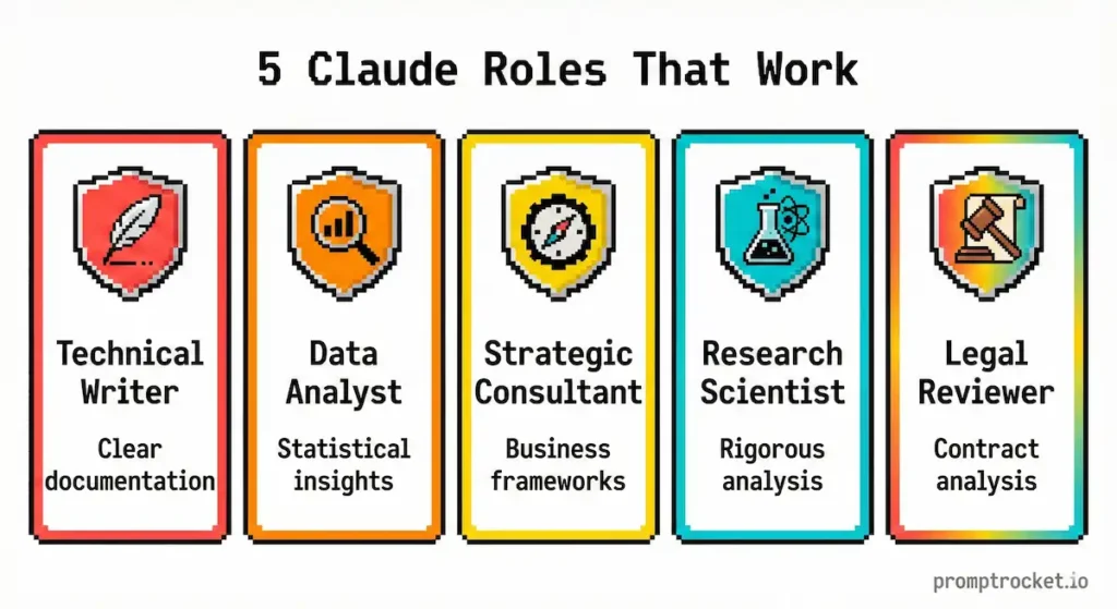 Five expert roles for Claude displayed as pixel art badges: technical writer, data analyst, strategic consultant, research scientist, and legal reviewer with their specialized capabilities