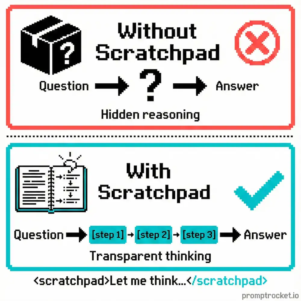 Illustration of explicit scratchpad technique where Claude works through problems step-by-step in a visible thinking section before providing final answer