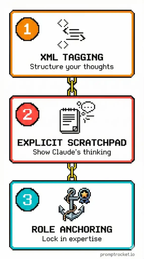 Three core Claude prompting techniques shown as pixel art: XML tagging for structure, explicit scratchpads for transparent thinking, and role anchoring for consistent expertise