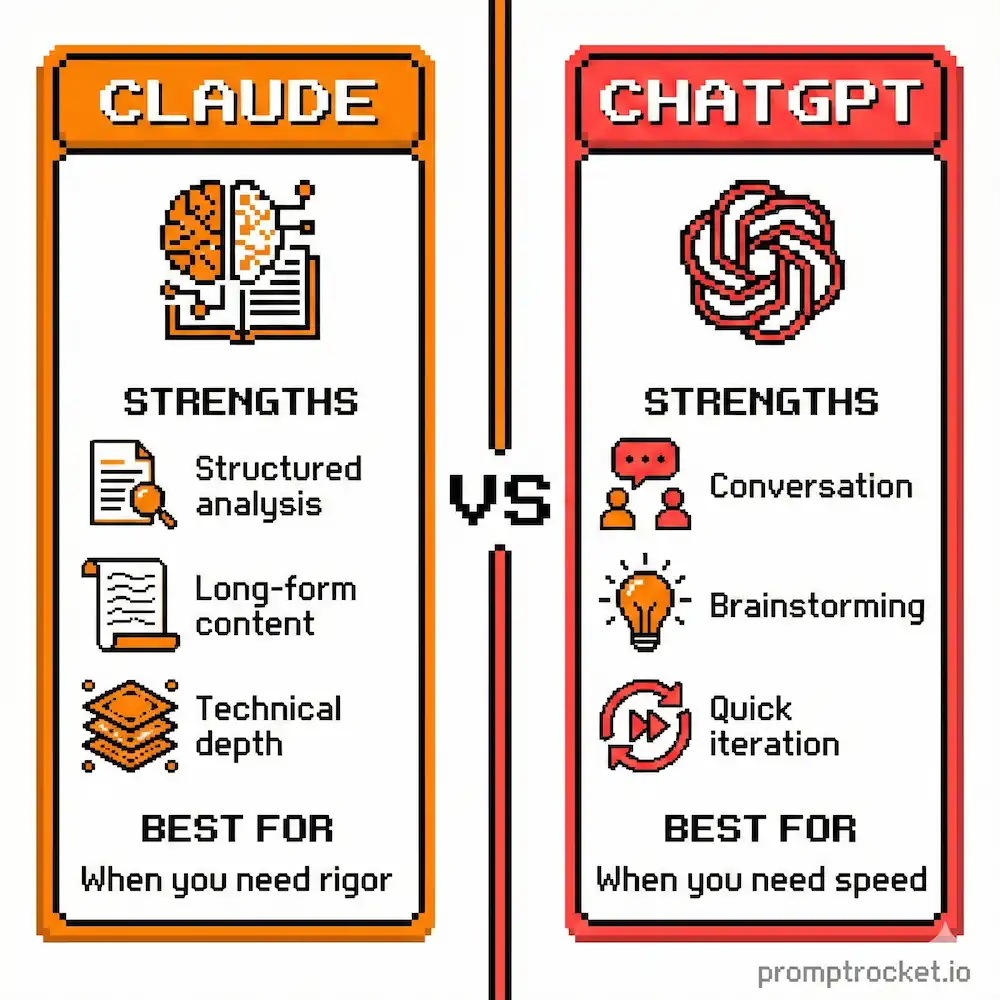Side-by-side comparison showing Claude excels at structured analysis and long-form content while ChatGPT excels at conversation and brainstorming in pixel art comparison chart