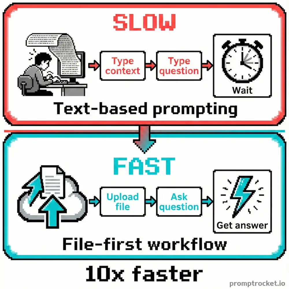 Before and after comparison showing slow text-based prompting versus fast file upload workflow in Gemini with pixel art workflow diagrams