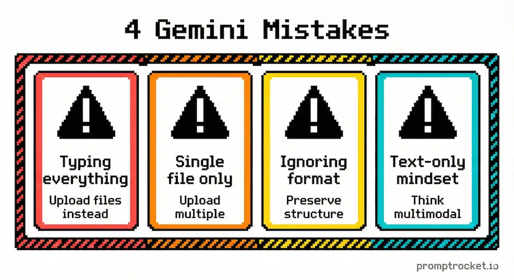 Four frequent Gemini errors shown as warning icons: typing instead of uploading, single file limitations, ignoring format options, and treating it like text-only AI
