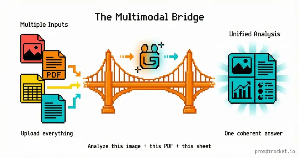Diagram showing how Gemini connects different input types like images, PDFs, spreadsheets, and text into unified analysis output in pixel art bridge metaphor