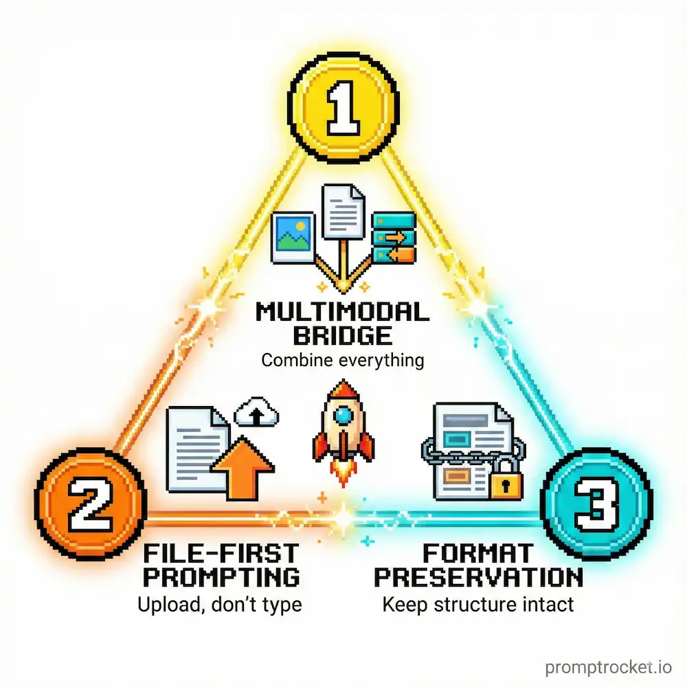 Three essential Gemini techniques as pixel art: Multimodal Bridge for combining formats, File-First Prompting for upload-based workflow, and Format Preservation for maintaining document integrity