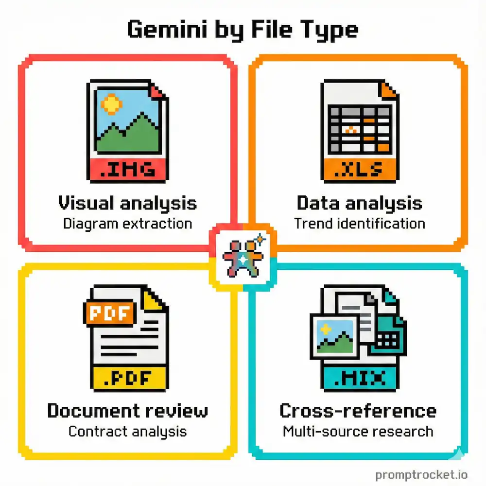 Grid showing optimal Gemini applications for different file types: images for visual analysis, spreadsheets for data work, PDFs for document review, and mixed media for comprehensive research