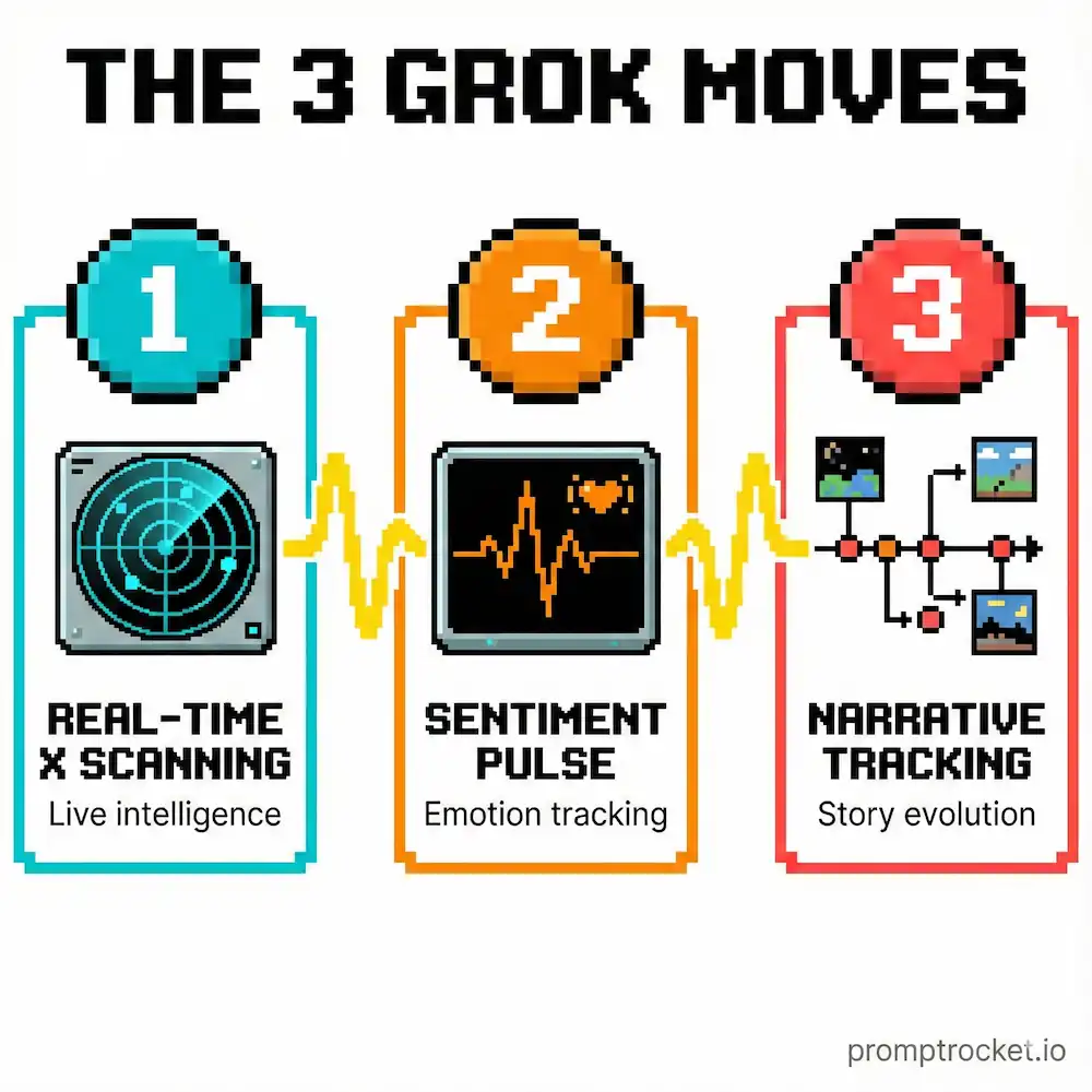 Three core Grok techniques illustrated as pixel art: Real-Time X Scanning for live intelligence, Sentiment Pulse for emotional analysis, and Narrative Tracking for story evolution monitoring