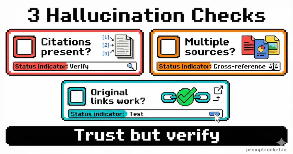 Checklist showing verification steps in Perplexity including checking citations, comparing multiple sources, and looking for original source links