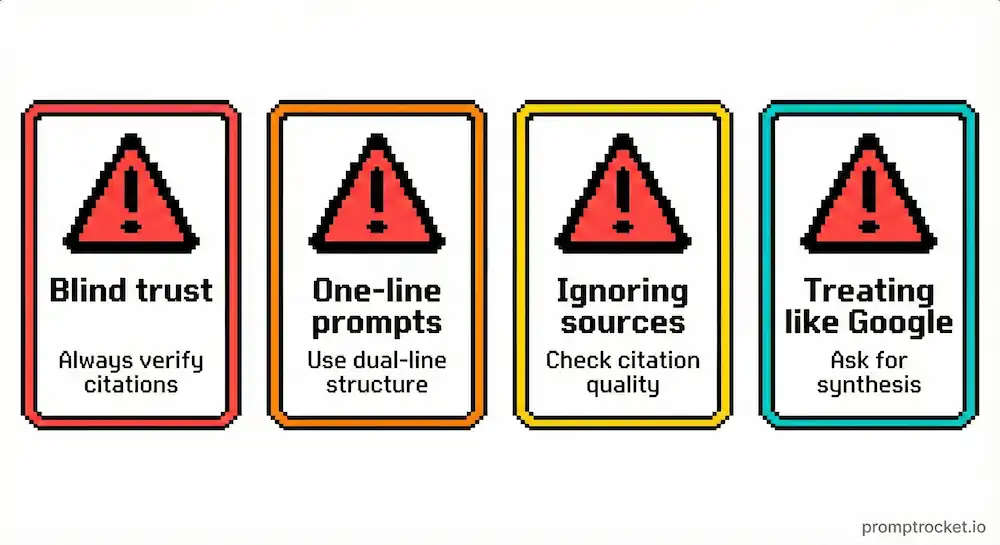 Four frequent Perplexity errors illustrated as warning icons: trusting without verification, single-line vague prompts, ignoring citations, and treating it like Google search