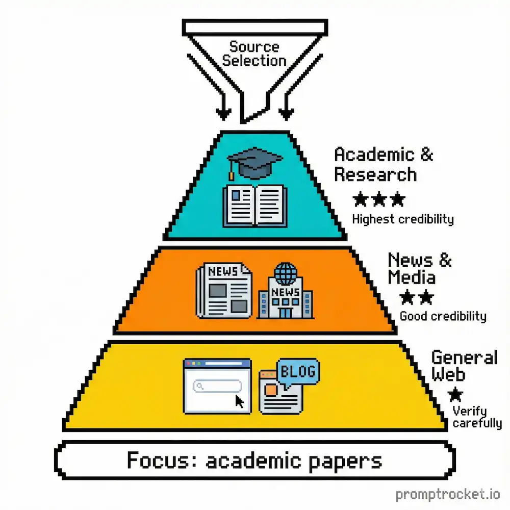 Visualization of source quality hierarchy in Perplexity showing academic sources, news outlets, and general web ranked by reliability with filtering controls