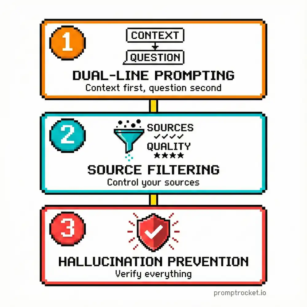Three essential Perplexity techniques as pixel art: Dual-Line Prompting for context plus question, Source Filtering for quality control, and Hallucination Prevention for accuracy verification