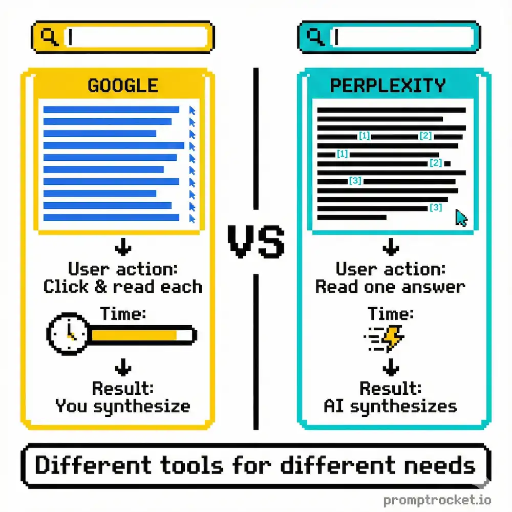 Comparison showing Perplexity provides synthesized answers with citations while Google provides ranked link lists, illustrated in pixel art interface mockup