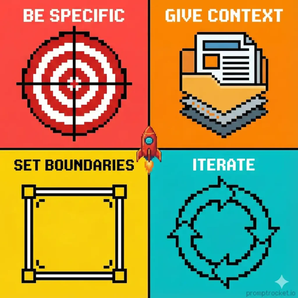 Four universal AI prompting principles displayed as pixel art icons: Be Specific, Give Context, Set Boundaries, and Iterate showing the foundational framework for effective AI communication