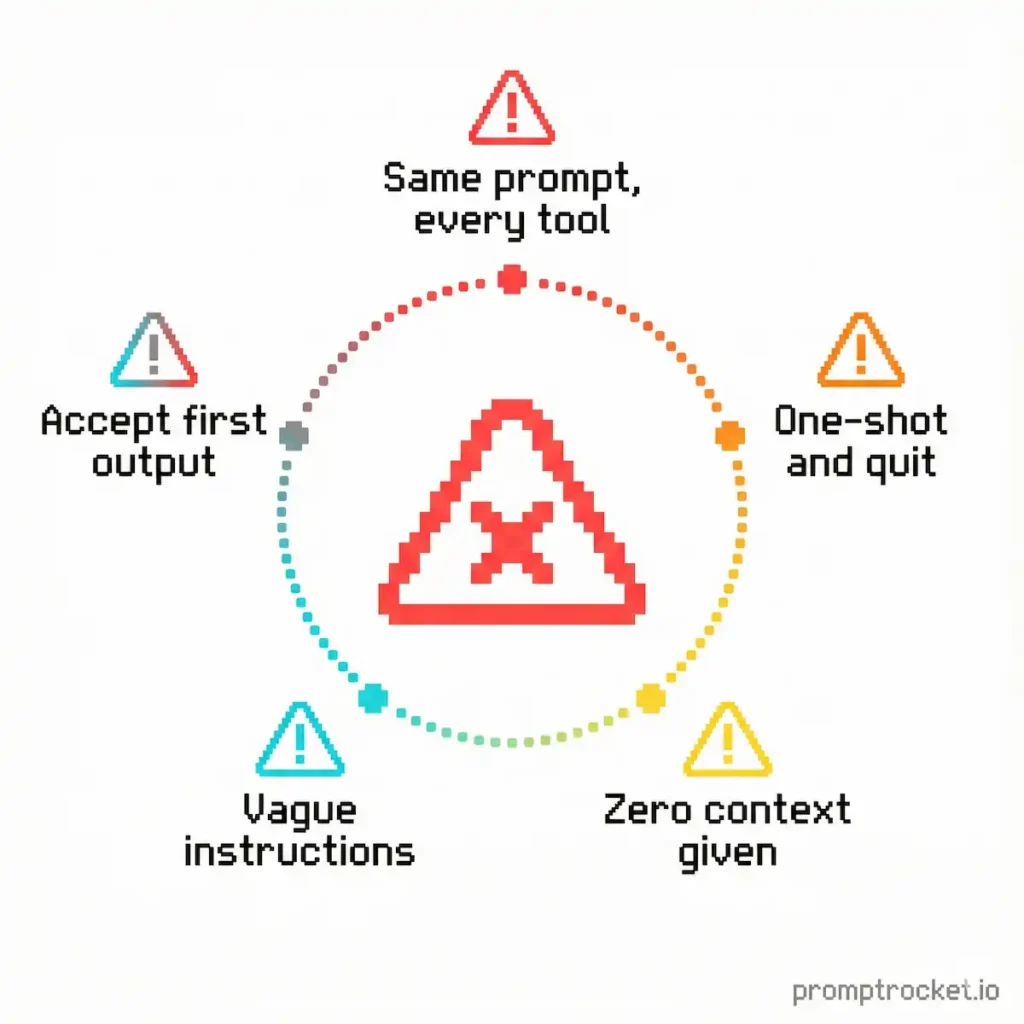 Five common AI prompting errors illustrated as pixel art warning signs including treating all tools the same, one-shot prompting, no context, vague instructions, and ignoring output quality