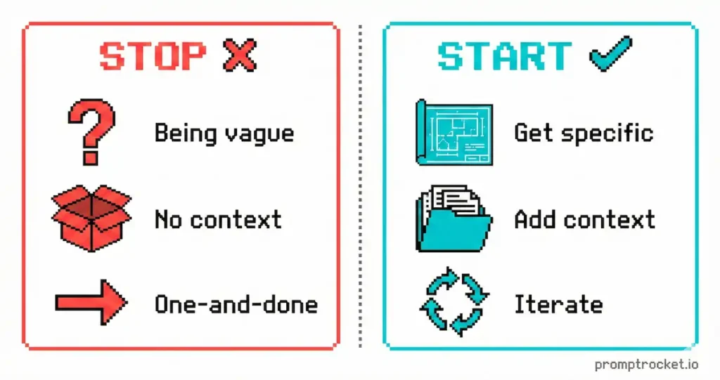 Transformation visual comparing ineffective prompting behaviors on left (vague requests, no context) with effective prompting techniques on right (specific instructions, clear context) in pixel art style