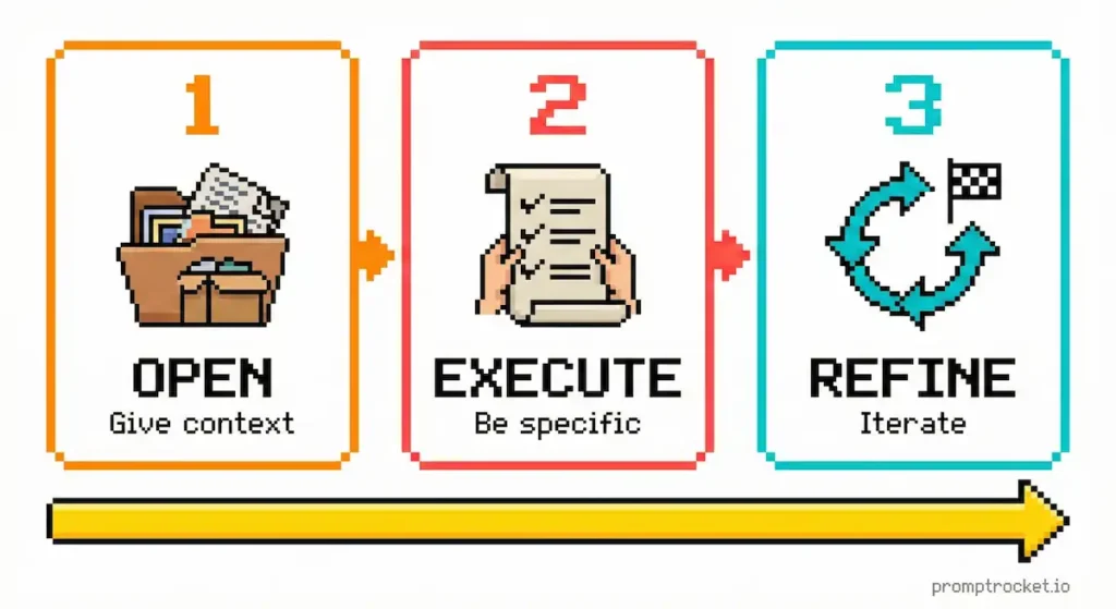 Three-step prompting workflow showing move one opening with context, move two executing with instructions, and move three refining through iteration in sequential pixel art panels