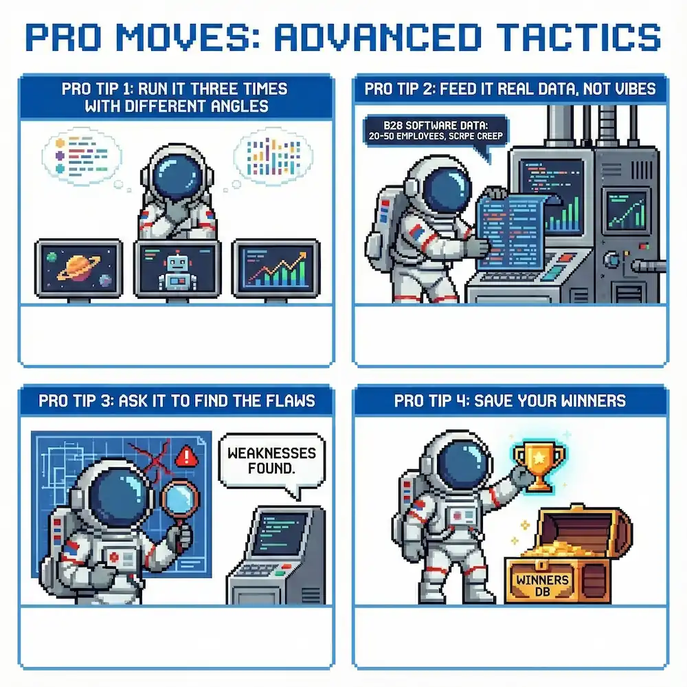 An 8-bit pixel art infographic on a white background featuring a retro astronaut character. The astronaut illustrates four advanced AI prompting tactics: comparing multiple angles, inputting specific data, inspecting results for flaws, and saving successful outcomes as a trophy.